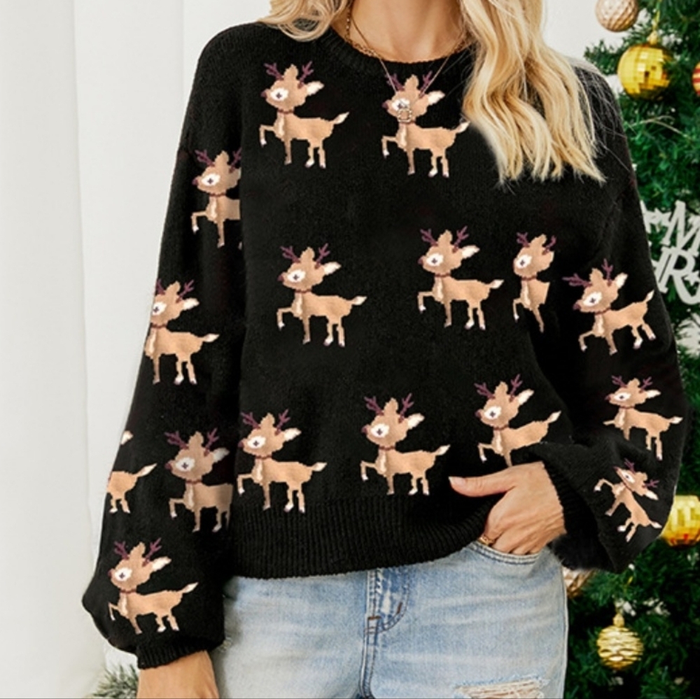 Reindeer Holiday Knit Sweater Long Sleeve Colorful Contrasting Festive Pullover